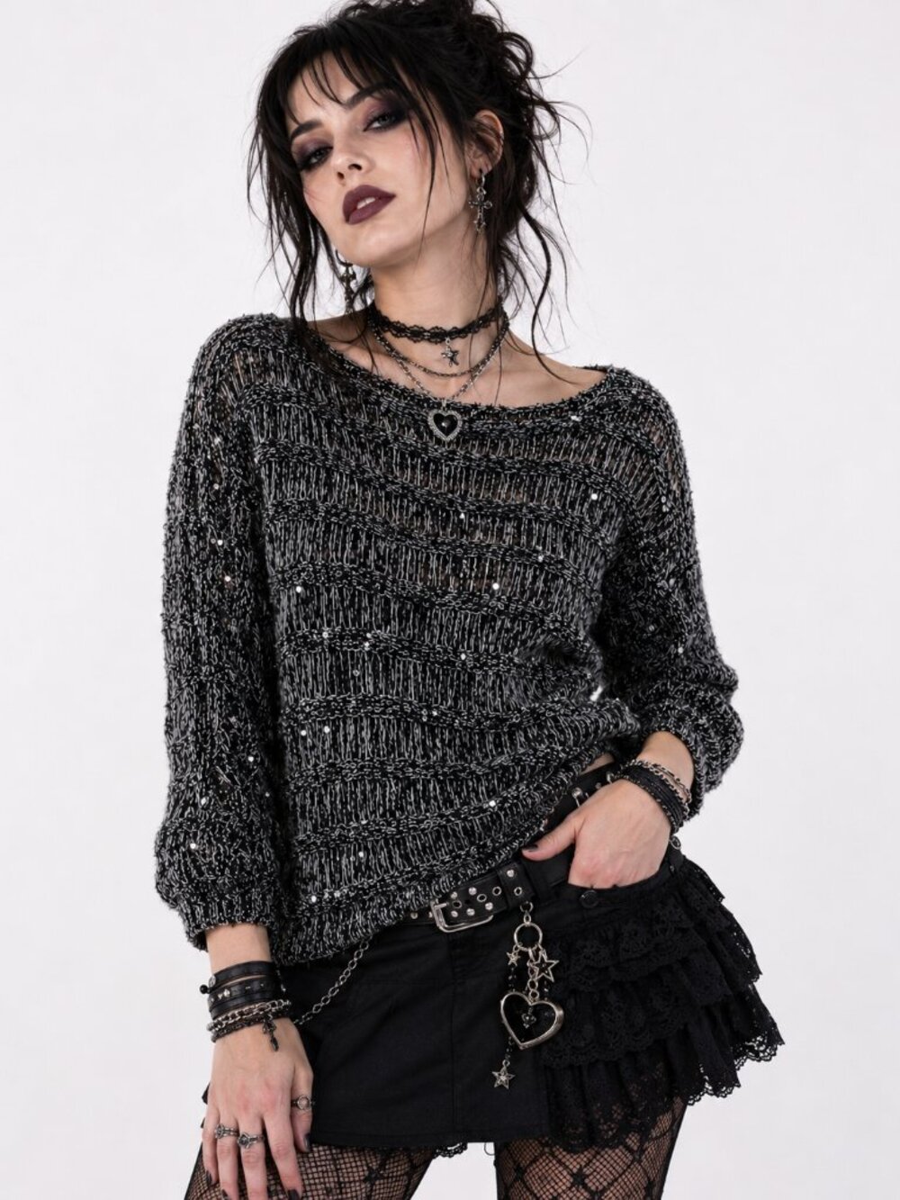 Chico’s Black Gray Sequin Open-Knit Boat Neck Sweater Whimsy Goth PopGoth